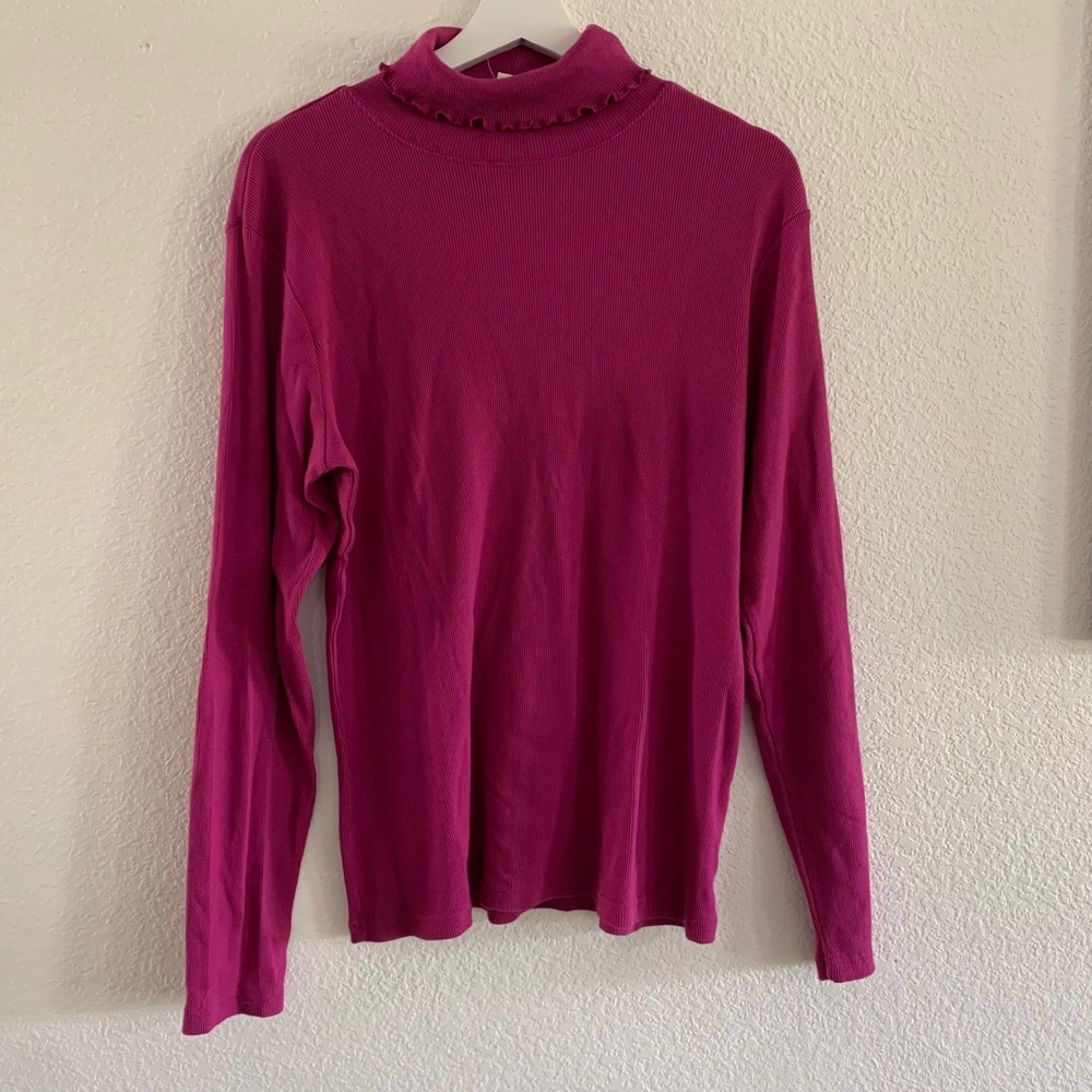 J Jill Fuchsia Pink 100% Cotton Ribbed Mock Neck Ruffle Trim Top L NEW